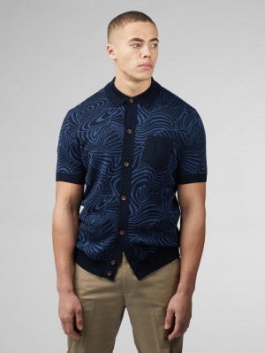 Ben Sherman B by Ben Sherman Swirl Jacquard Button Through Polo Knitwear Navy | 617380JCX