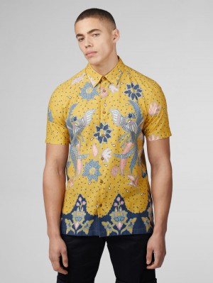 Ben Sherman Signature Abstract Botanical Print Shirts Yellow | 104865XKM