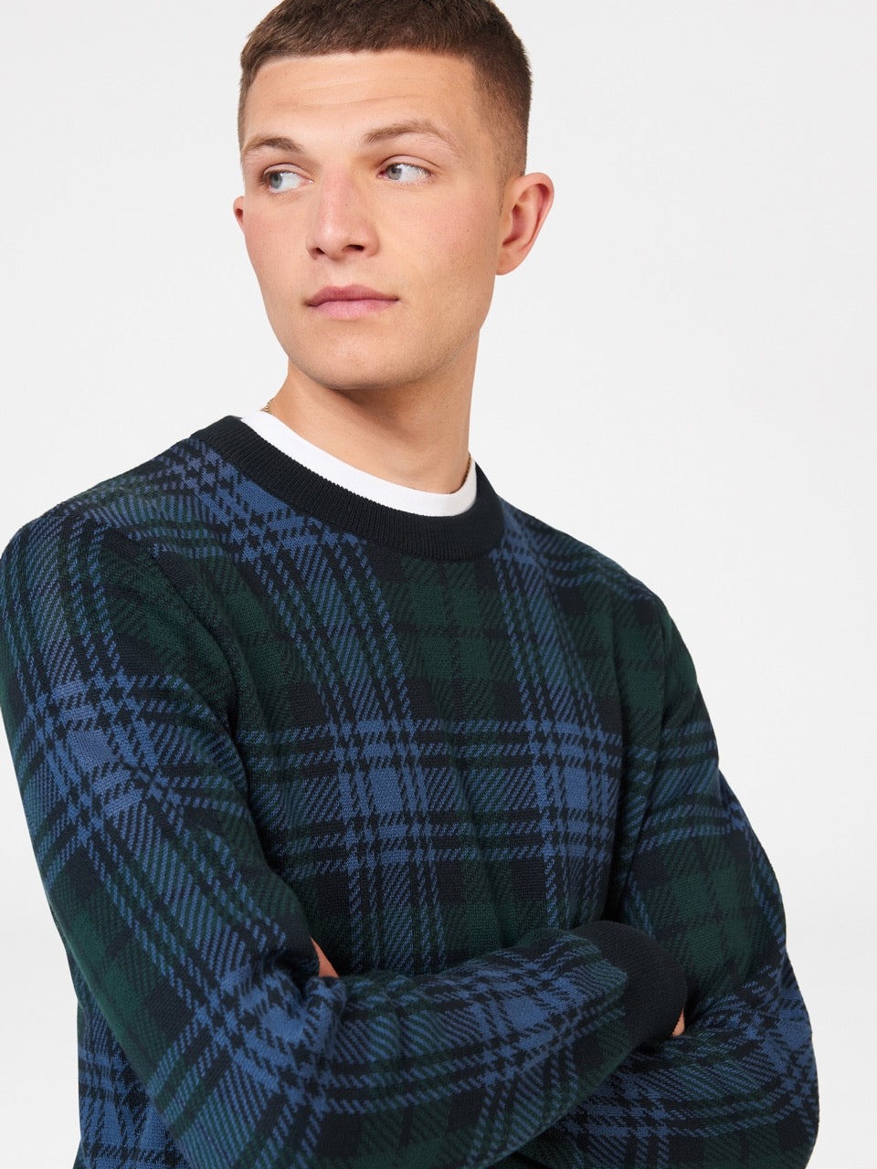 Ben Sherman Blackwatch Check Crewneck Knitwear Black | 981672ZXM