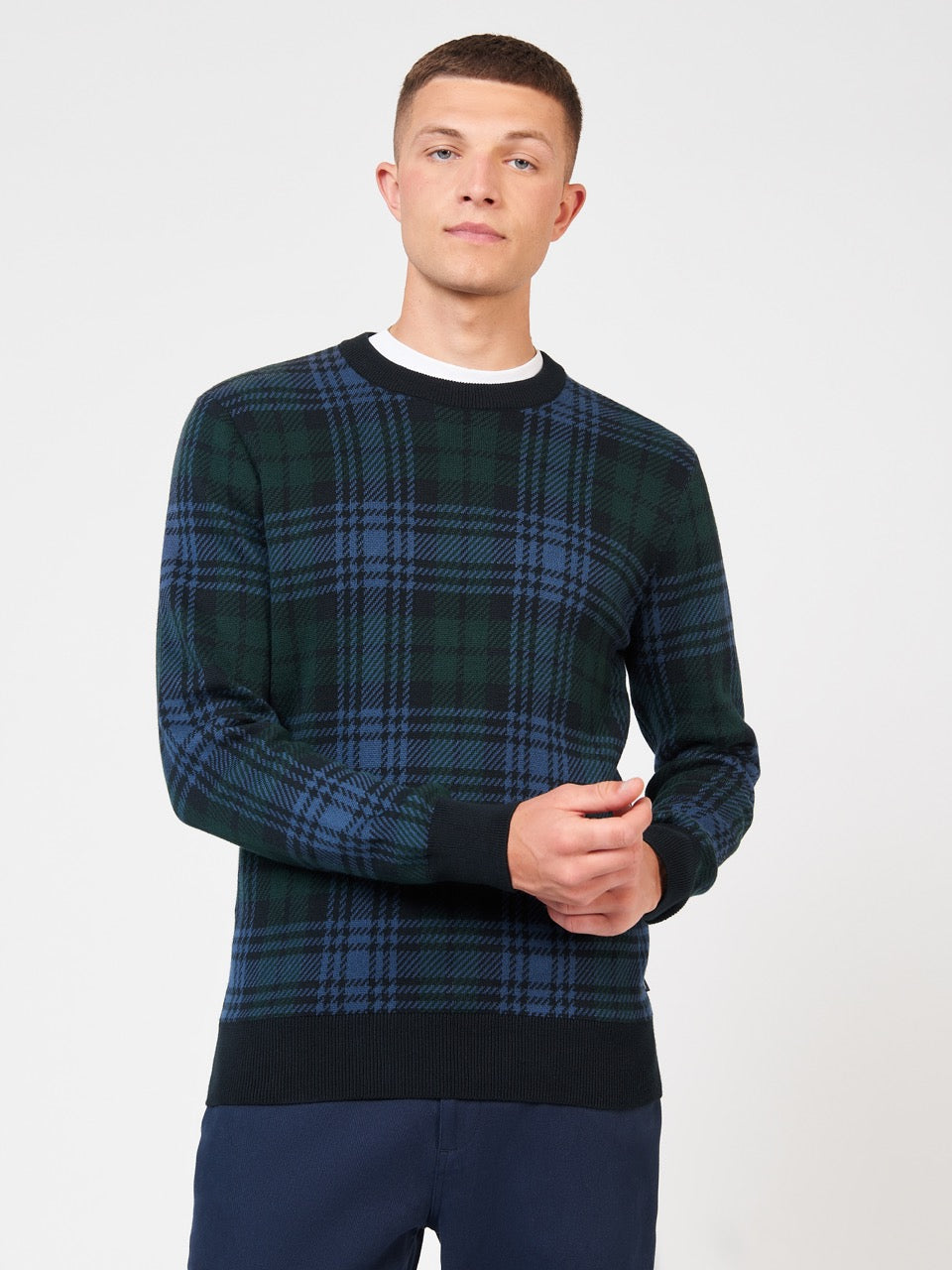 Ben Sherman Blackwatch Check Crewneck Knitwear Black | 981672ZXM