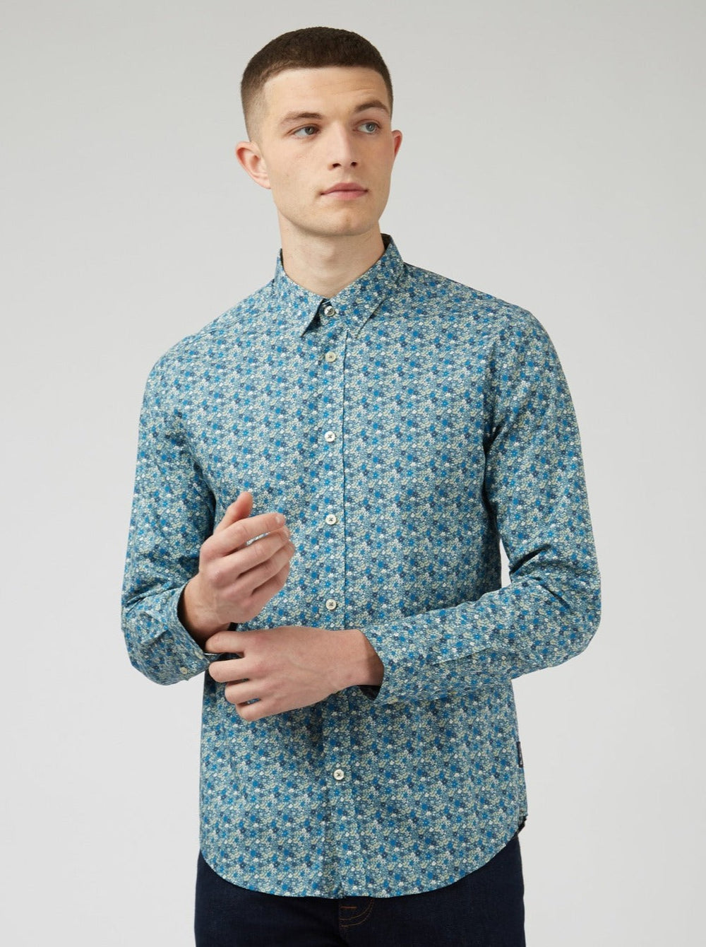 Ben Sherman Floral Print Long-Sleeve Shirts Blue Grey | 312806JKZ