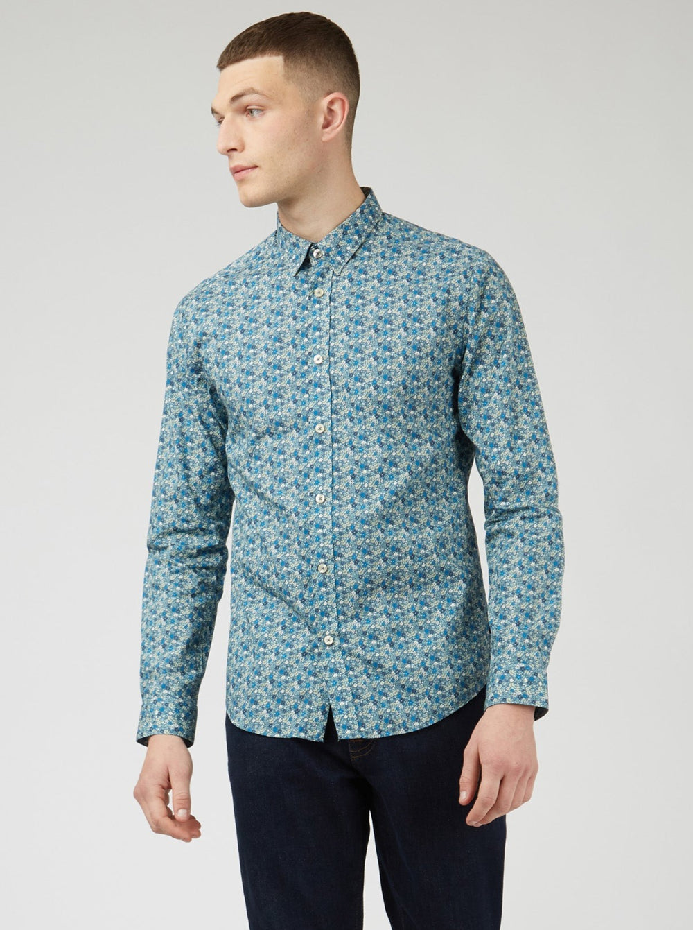 Ben Sherman Floral Print Long-Sleeve Shirts Blue Grey | 312806JKZ