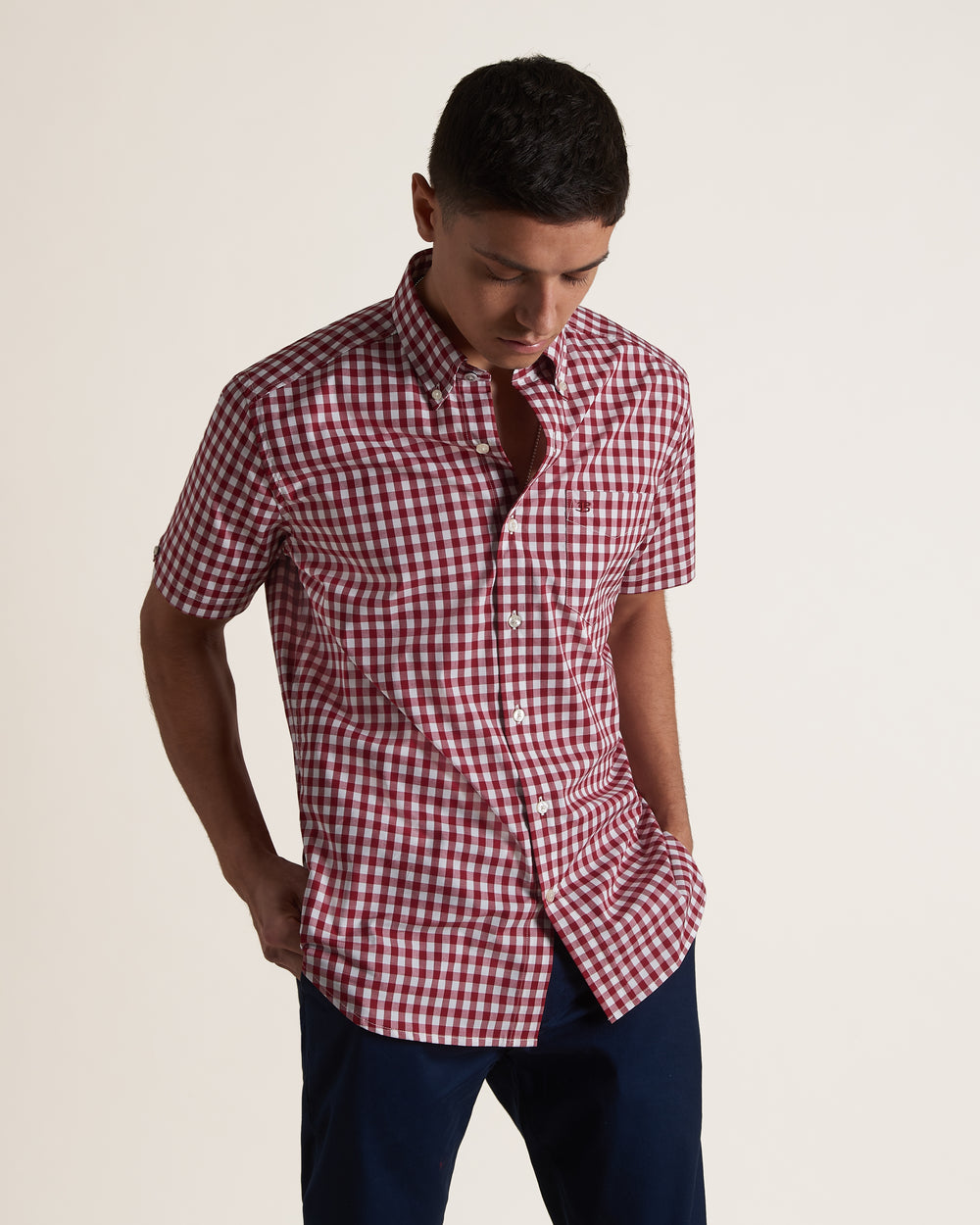 Ben Sherman Short Sleeve House Poplin Gingham Shirts Burgundy | 640193WRL