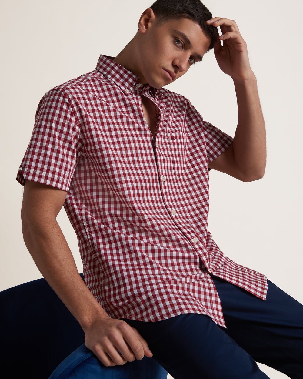 Ben Sherman Short Sleeve House Poplin Gingham Shirts Burgundy | 640193WRL